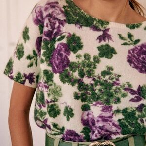 Sezane Floral Crew Neck Sweater - Purple and Green